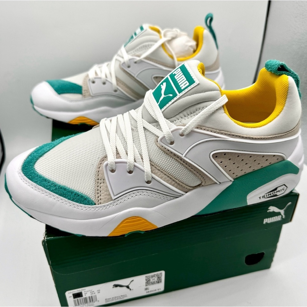 NWT Puma Blaze of Glory Retro white Sneakers Leather shoes teal accents NEW